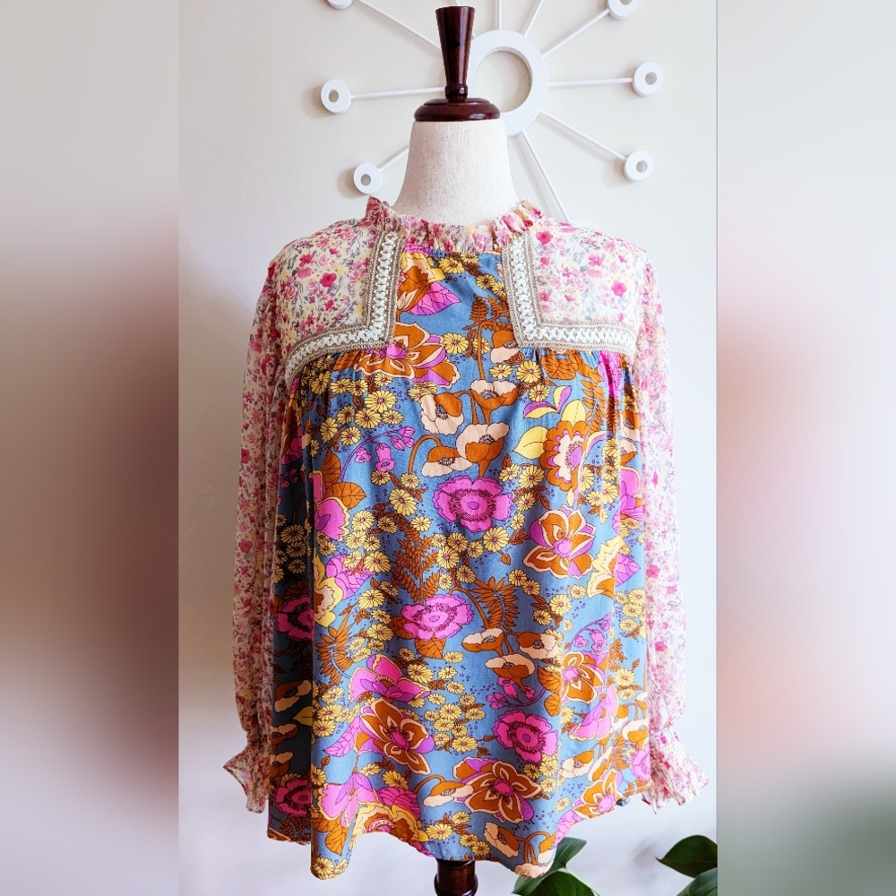 NWT Bohemian S & M Floral Chiffon Blouse Woman Flowy Relaxed Jodifl Retro Style